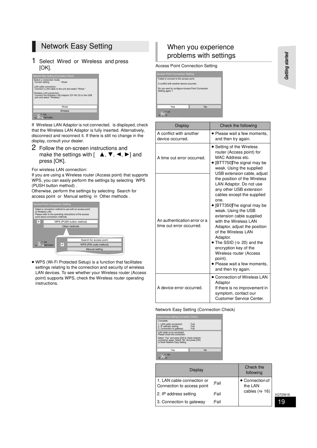 Panasonic SC-BTT750 warranty Network Easy Setting, When you experience, Problems with settings 