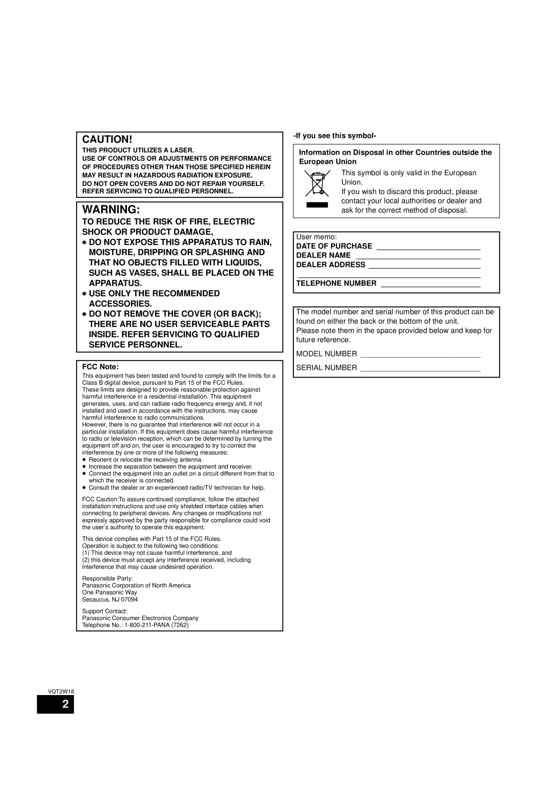 Panasonic SC-BTT750 warranty FCC Note, Date of Purchase Dealer Name Dealer Address Telephone Number 