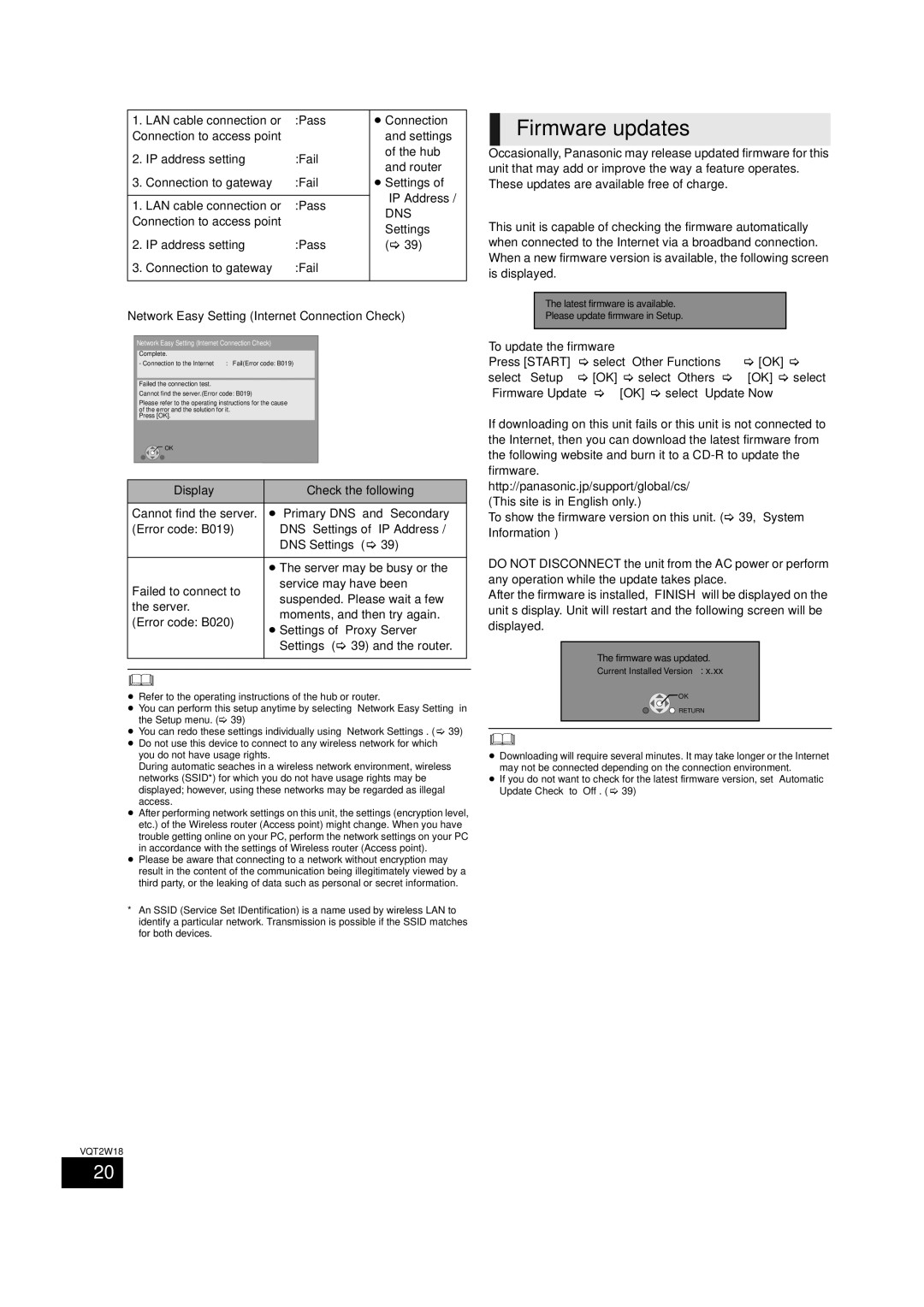 Panasonic SC-BTT750 warranty Firmware updates, Network Easy Setting Internet Connection Check, To update the firmware 