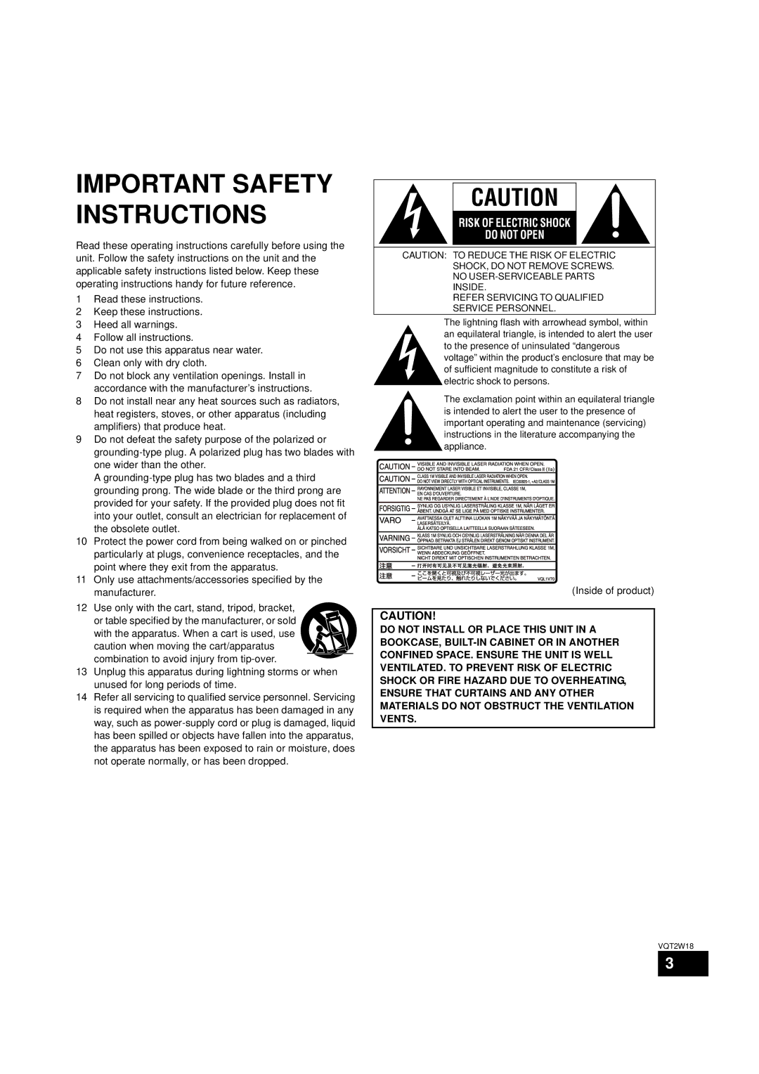 Panasonic SC-BTT750 warranty Important Safety Instructions, Inside of product 