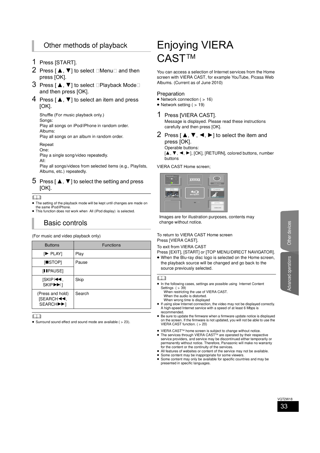 Panasonic SC-BTT750 warranty Enjoying Viera, Other methods of playback, Basic controls 