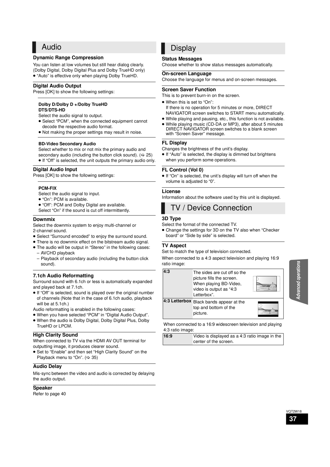 Panasonic SC-BTT750 warranty Display, TV / Device Connection 