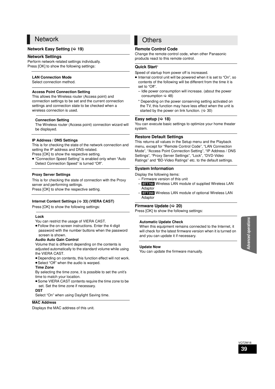 Panasonic SC-BTT750 warranty Network, Others 