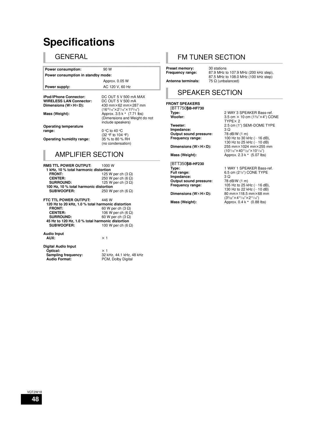 Panasonic SC-BTT750 warranty Specifications, BTT750 SB-HF730, BTT350 SB-HF230 