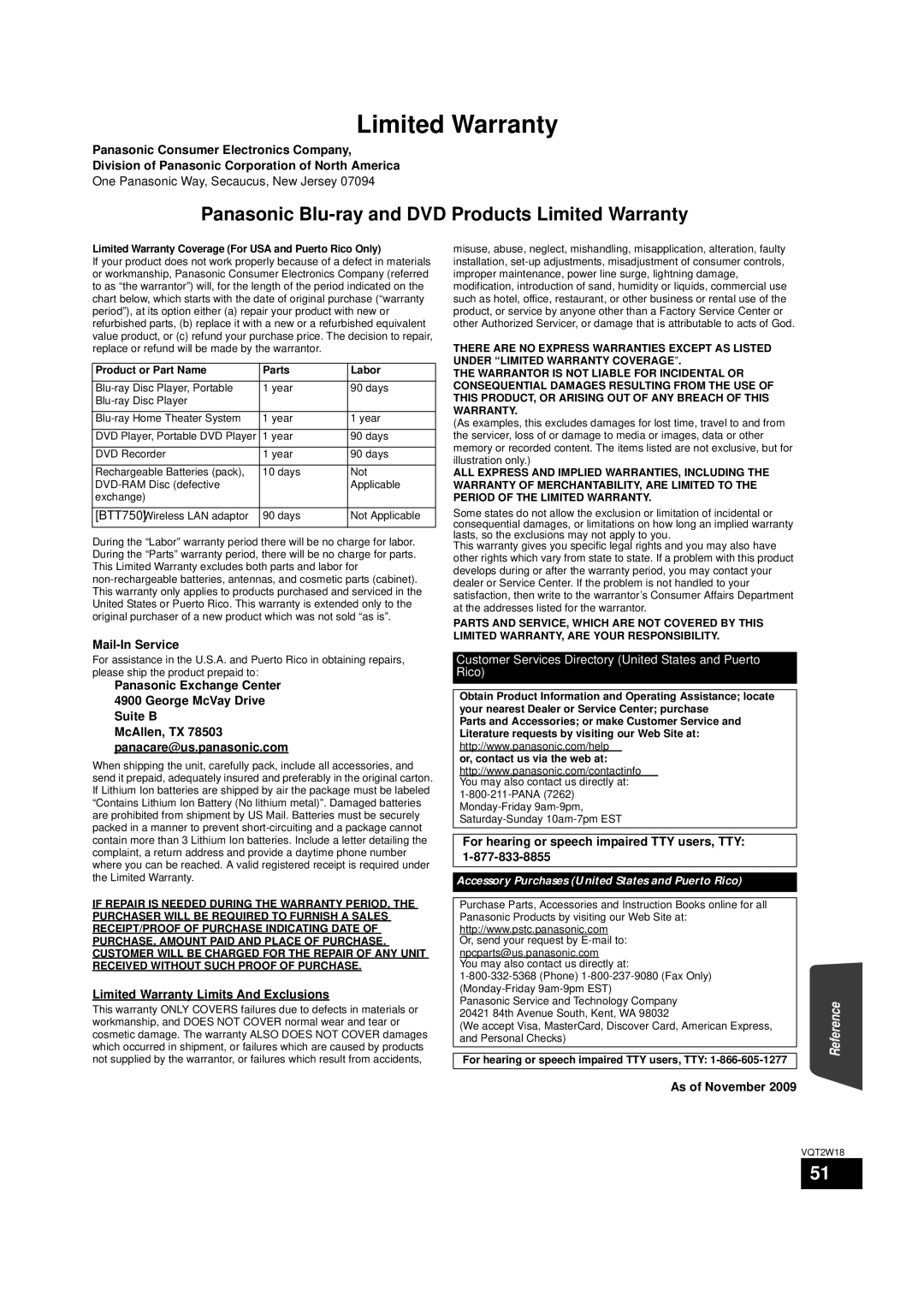 Panasonic SC-BTT750 warranty Mail-In Service, Panasonic Exchange Center George McVay Drive Suite B, As of November 