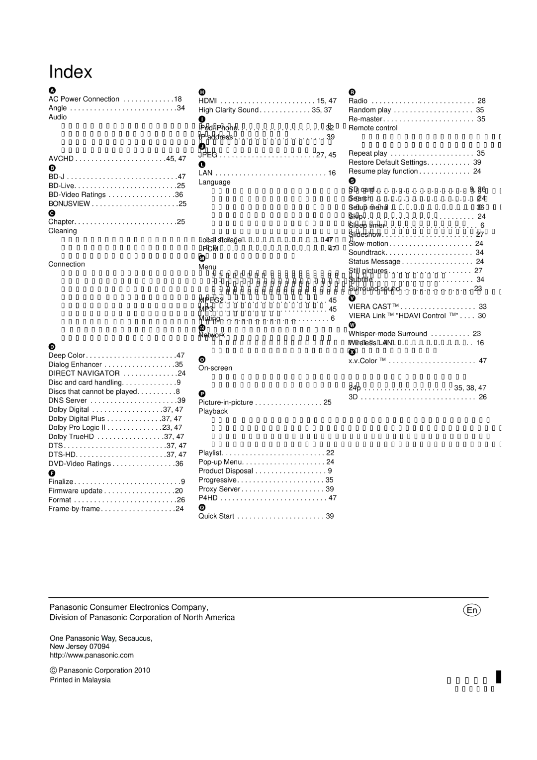 Panasonic SC-BTT750 warranty Index 