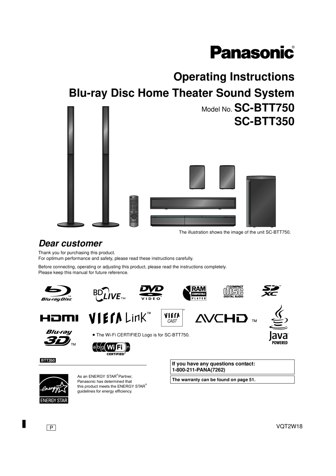 Panasonic warranty Operating Instructions, Blu-rayDisc Home Theater Sound System, SC-BTT350, Model No. SC-BTT750 