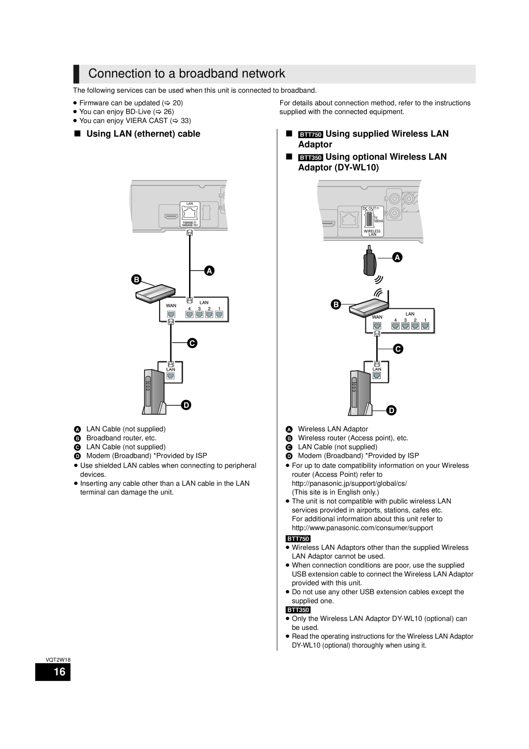 Panasonic SC-BTT750 warranty Connection to a broadband network,    , ∫ Using LAN ethernet cable, Adaptor DY-WL10 