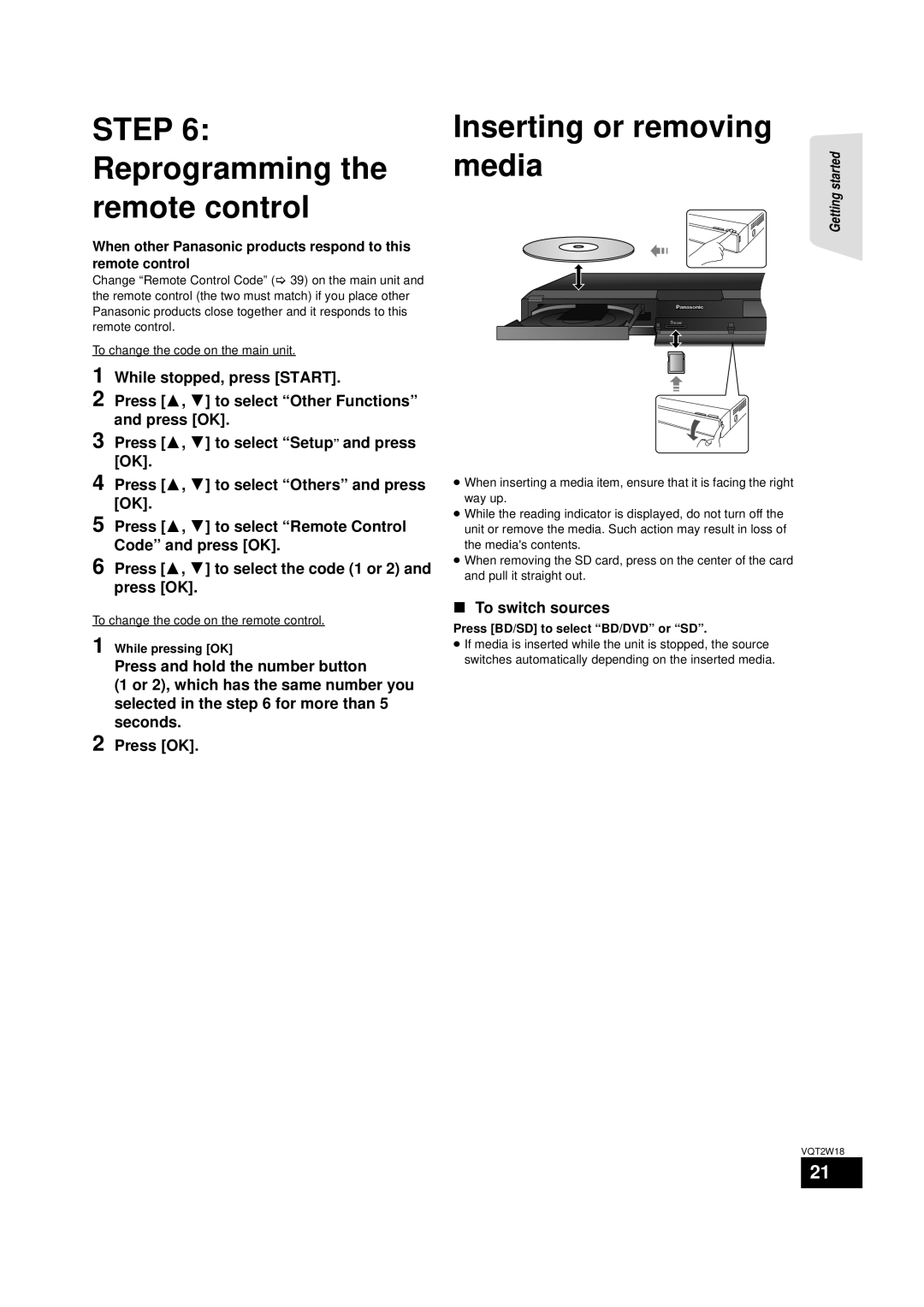 Panasonic SC-BTT750 Reprogramming the remote control, Inserting or removing media, While stopped, press START, Press OK 