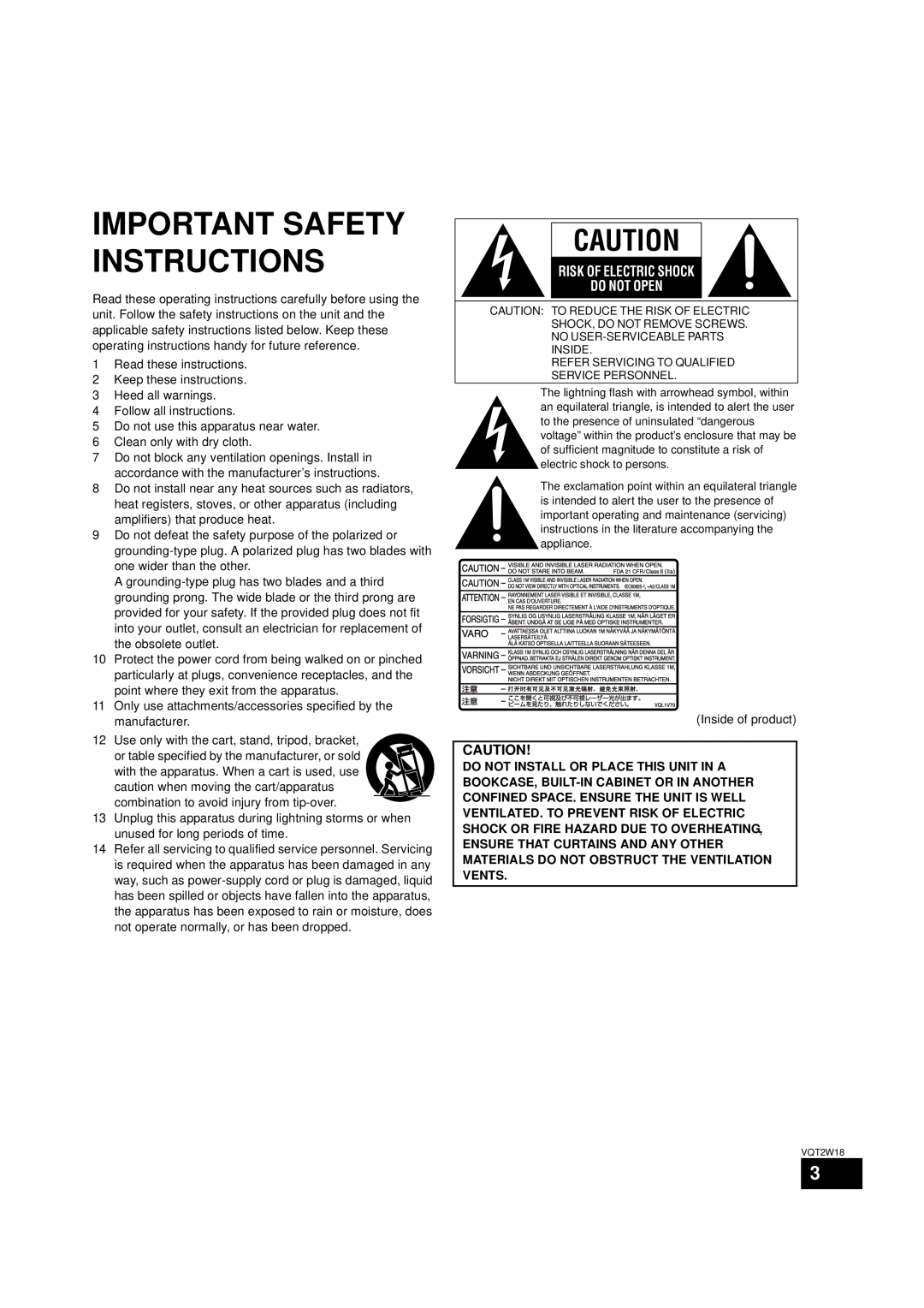 Panasonic SC-BTT750 warranty Important Safety Instructions, Risk Of Electric Shock Do Not Open 