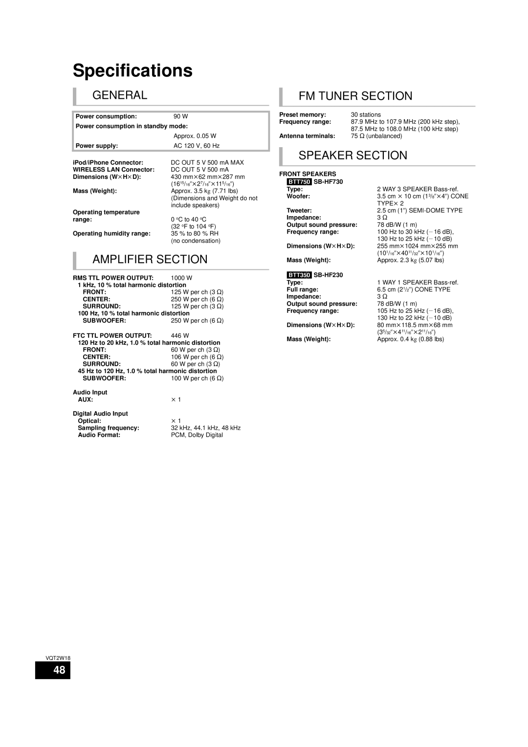 Panasonic SC-BTT750 warranty Specifications, General, Amplifier Section, Fm Tuner Section, Speaker Section 