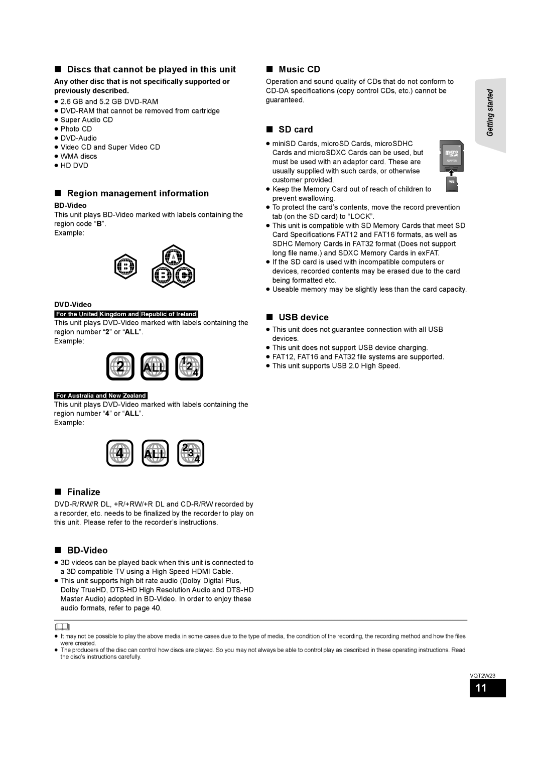 Panasonic SC-BTT350 Discs that cannot be played in this unit, Region management information, SD card, Finalize, BD-Video 