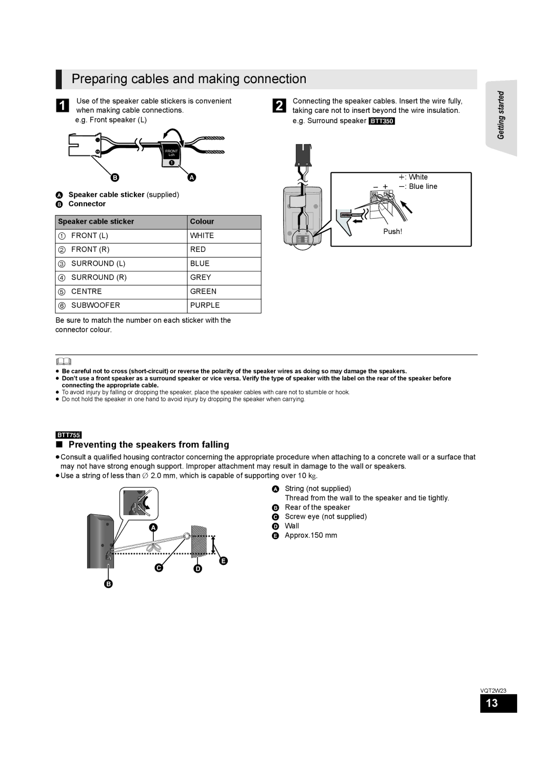 Panasonic SC-BTT350, SC-BTT755 Preparing cables and making connection,  , Preventing the speakers from falling 