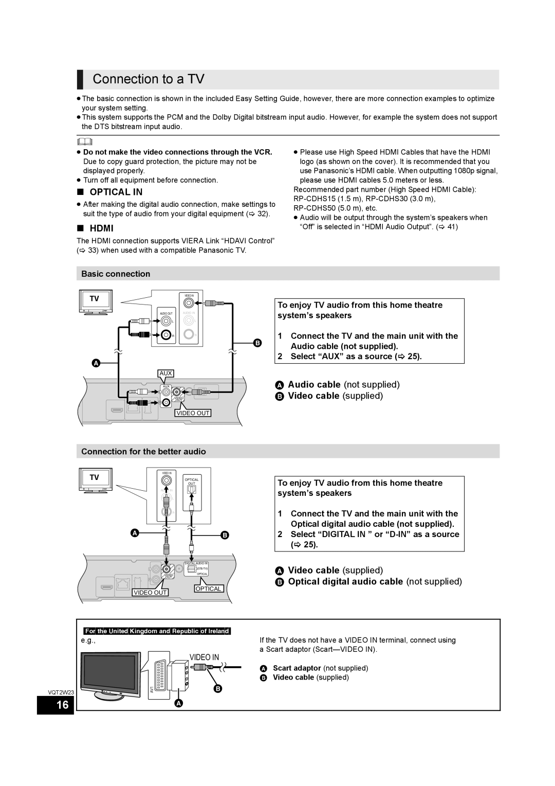 Panasonic SC-BTT755 Connection to a TV, Video cable supplied, 16 , Basic connection, Connection for the better audio 