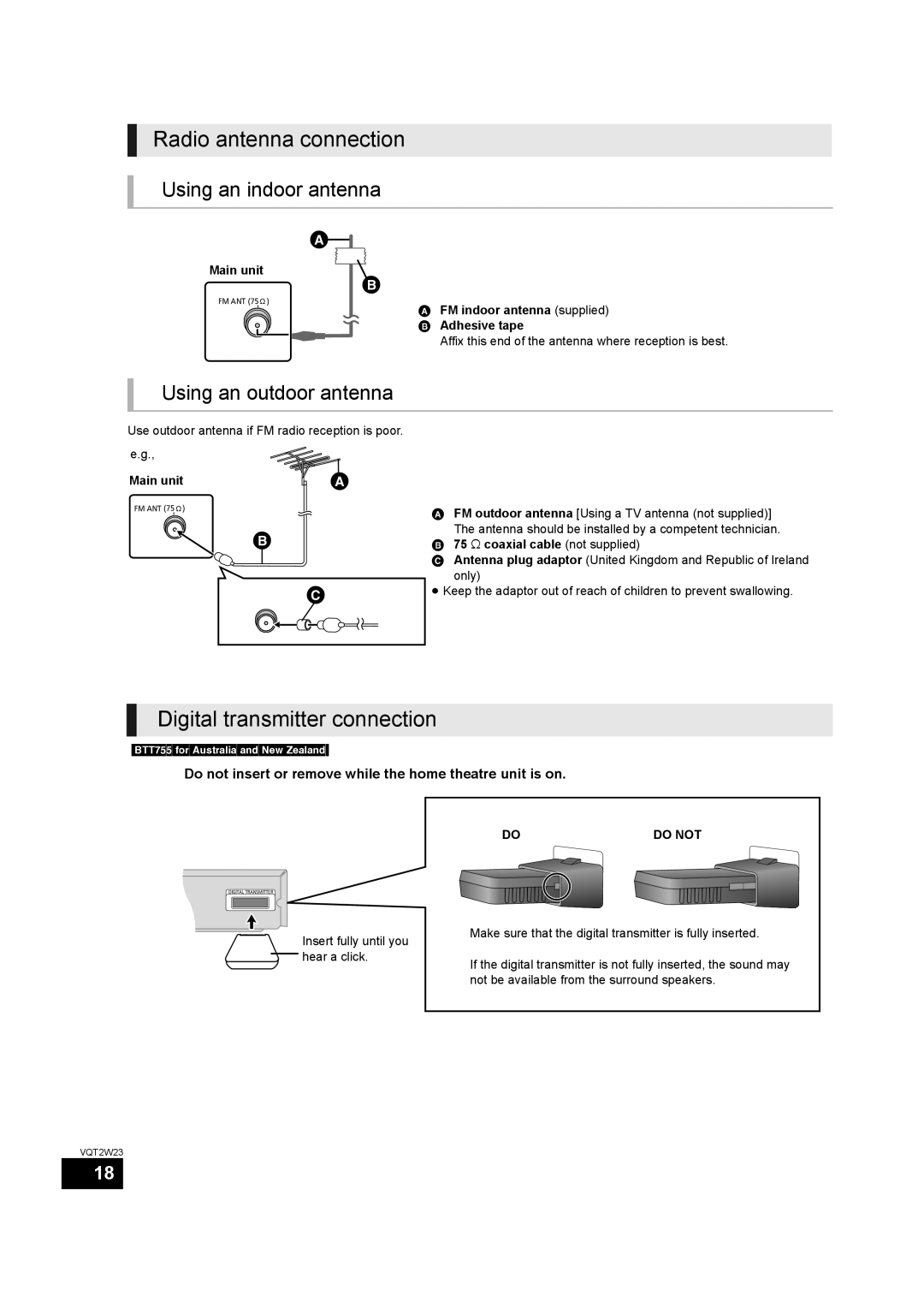 Panasonic SC-BTT755, SC-BTT350 Radio antenna connection, Digital transmitter connection, Using an indoor antenna 