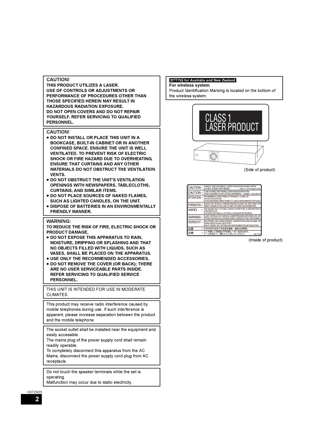 Panasonic SC-BTT755, SC-BTT350 operating instructions This Unit is Intended for USE in Moderate Climates 