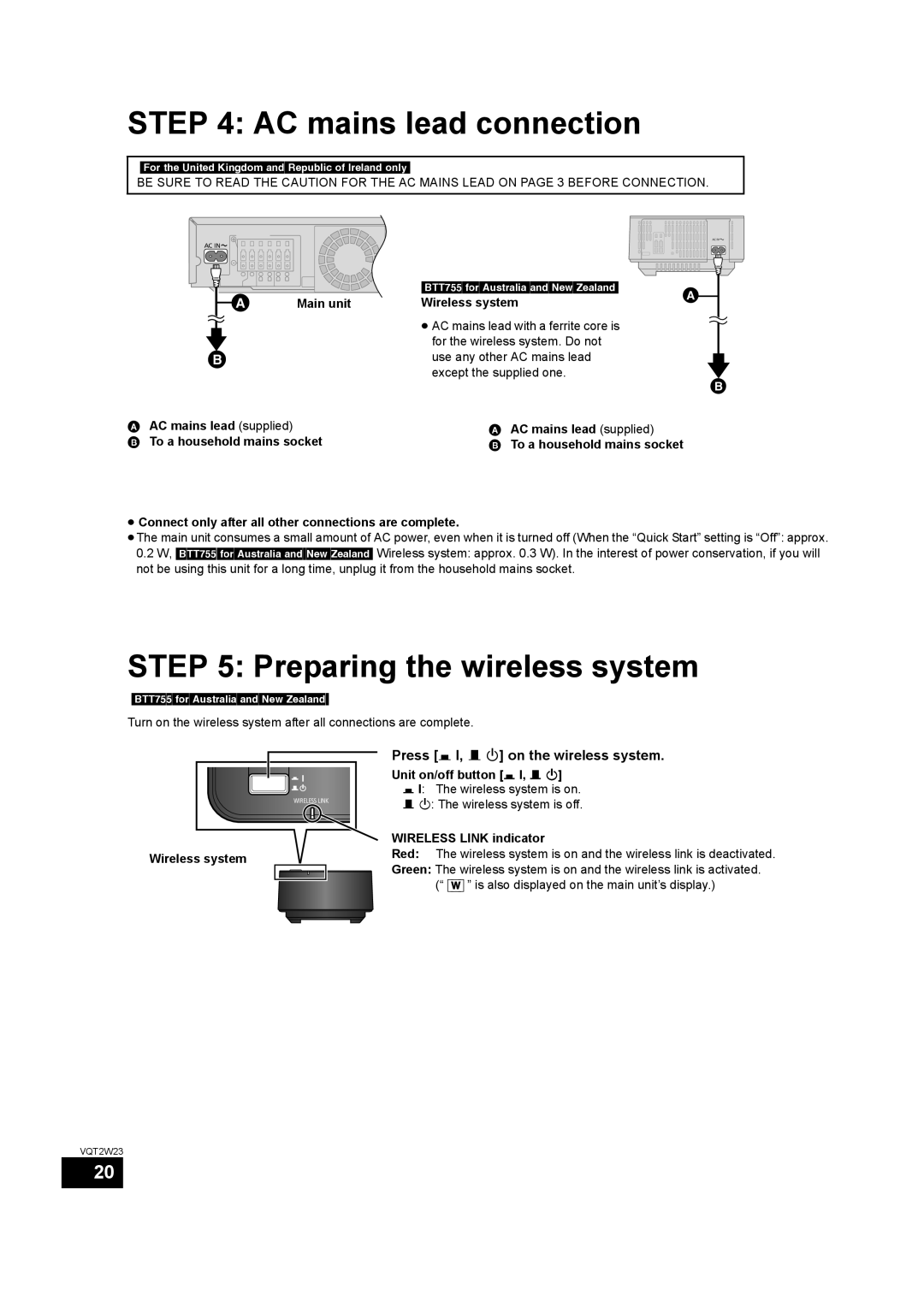 Panasonic SC-BTT755 AC mains lead connection, Preparing the wireless system, Press C I, B Í on the wireless system 