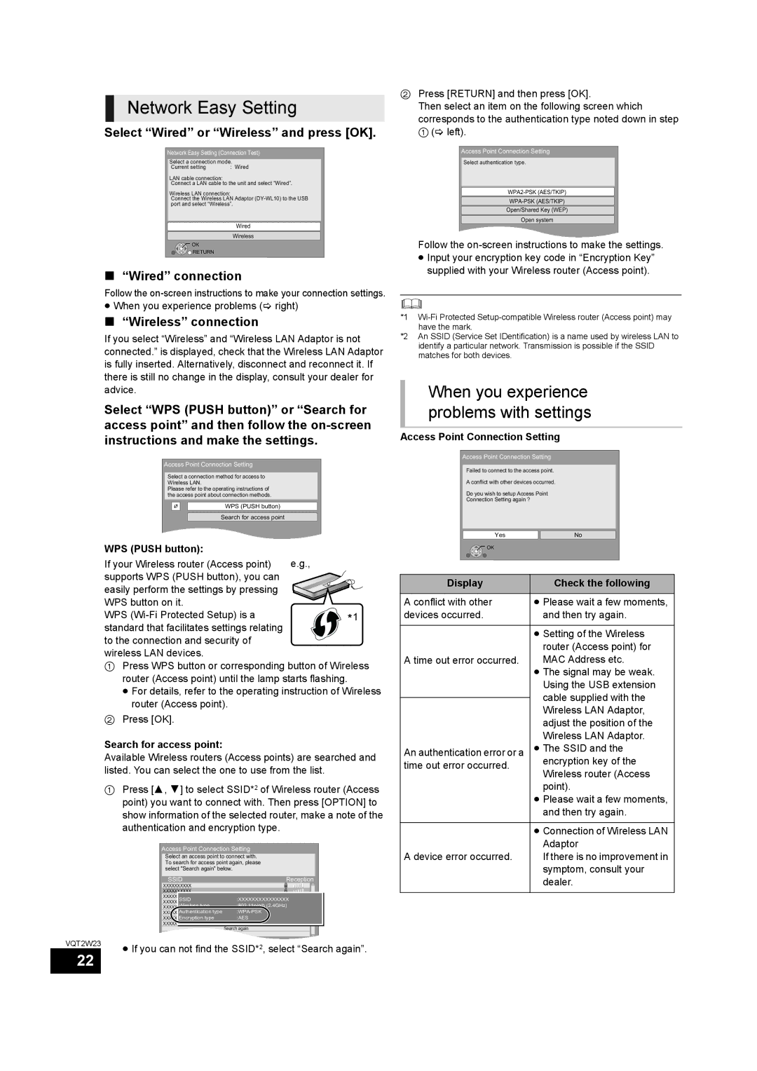 Panasonic SC-BTT755, SC-BTT350 Network Easy Setting, When you experience problems with settings, Wired connection 