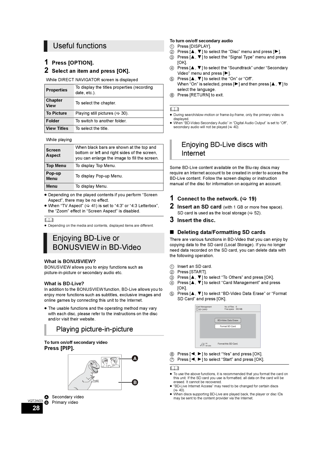 Panasonic SC-BTT755, SC-BTT350 Useful functions, Enjoying BD-Live or Bonusview in BD-Video, Playing picture-in-picture 