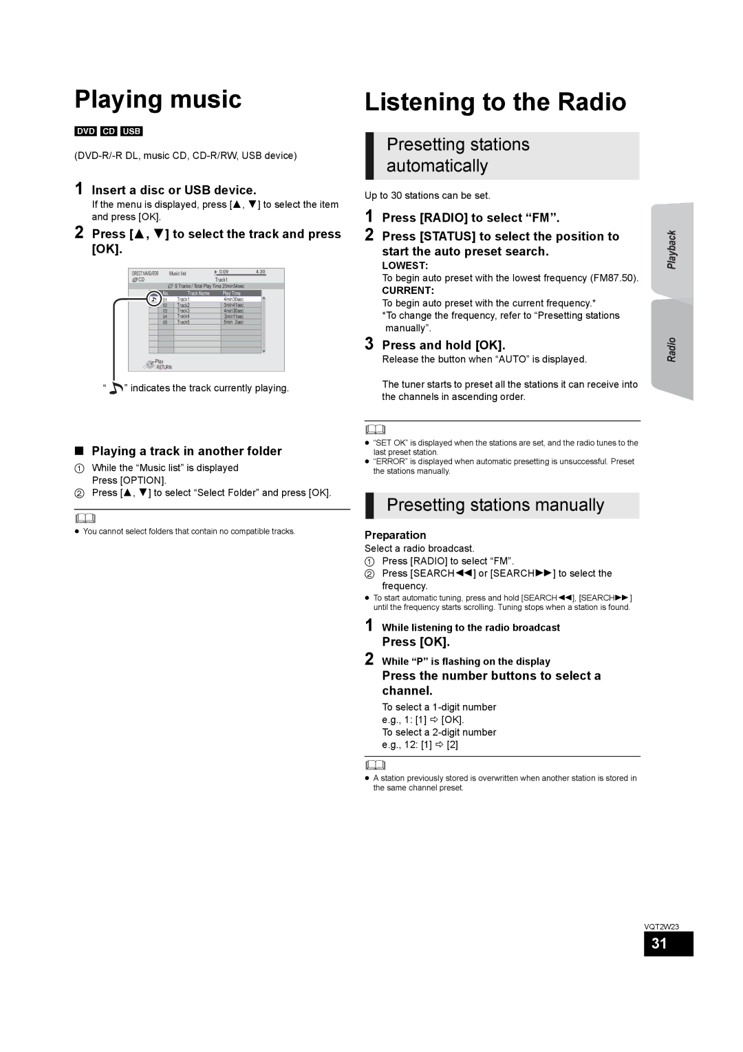 Panasonic SC-BTT350 Playing music, Listening to the Radio, Presetting stations automatically, Presetting stations manually 