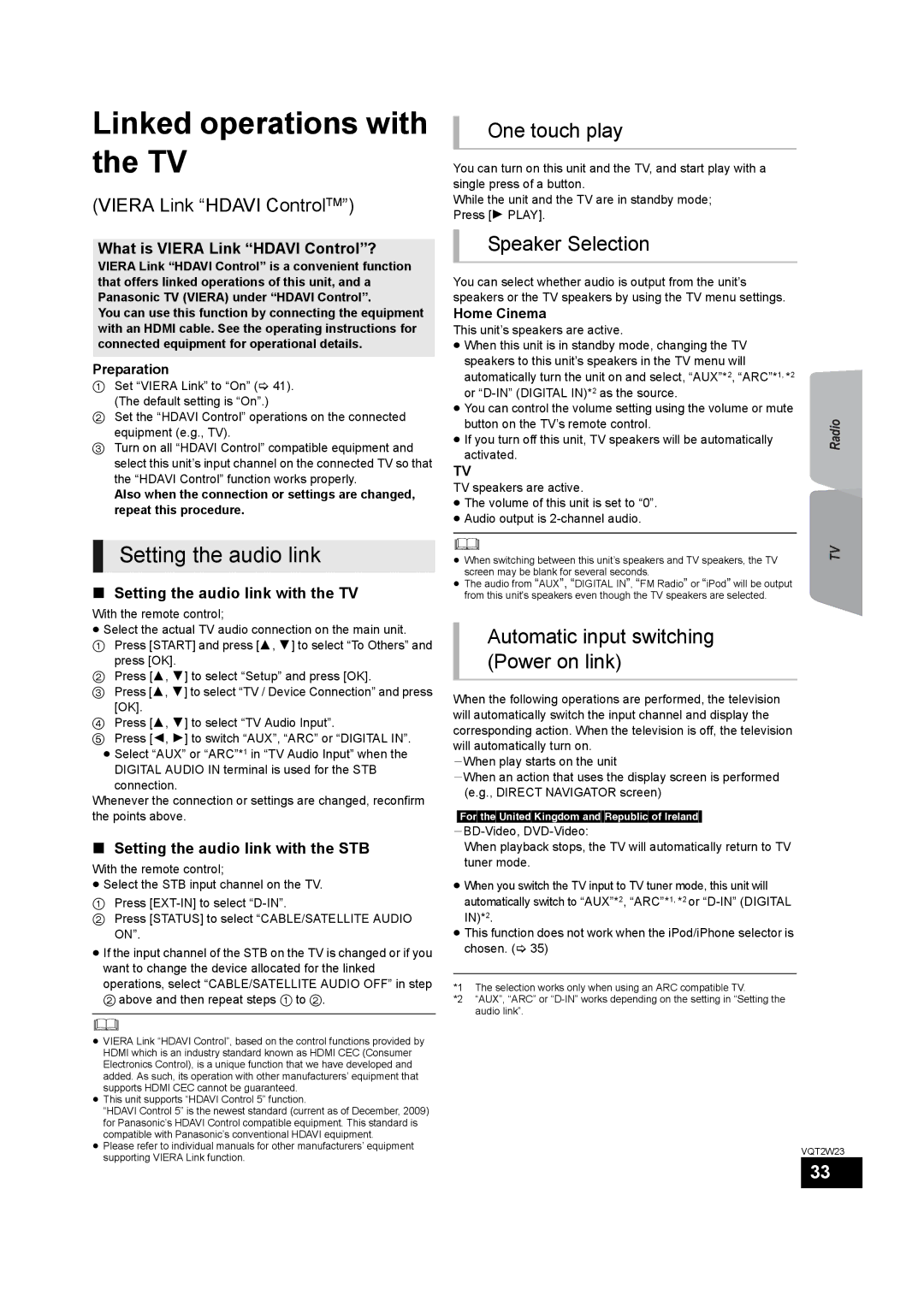 Panasonic SC-BTT350, SC-BTT755 Linked operations with the TV, Setting the audio link, One touch play, Speaker Selection 