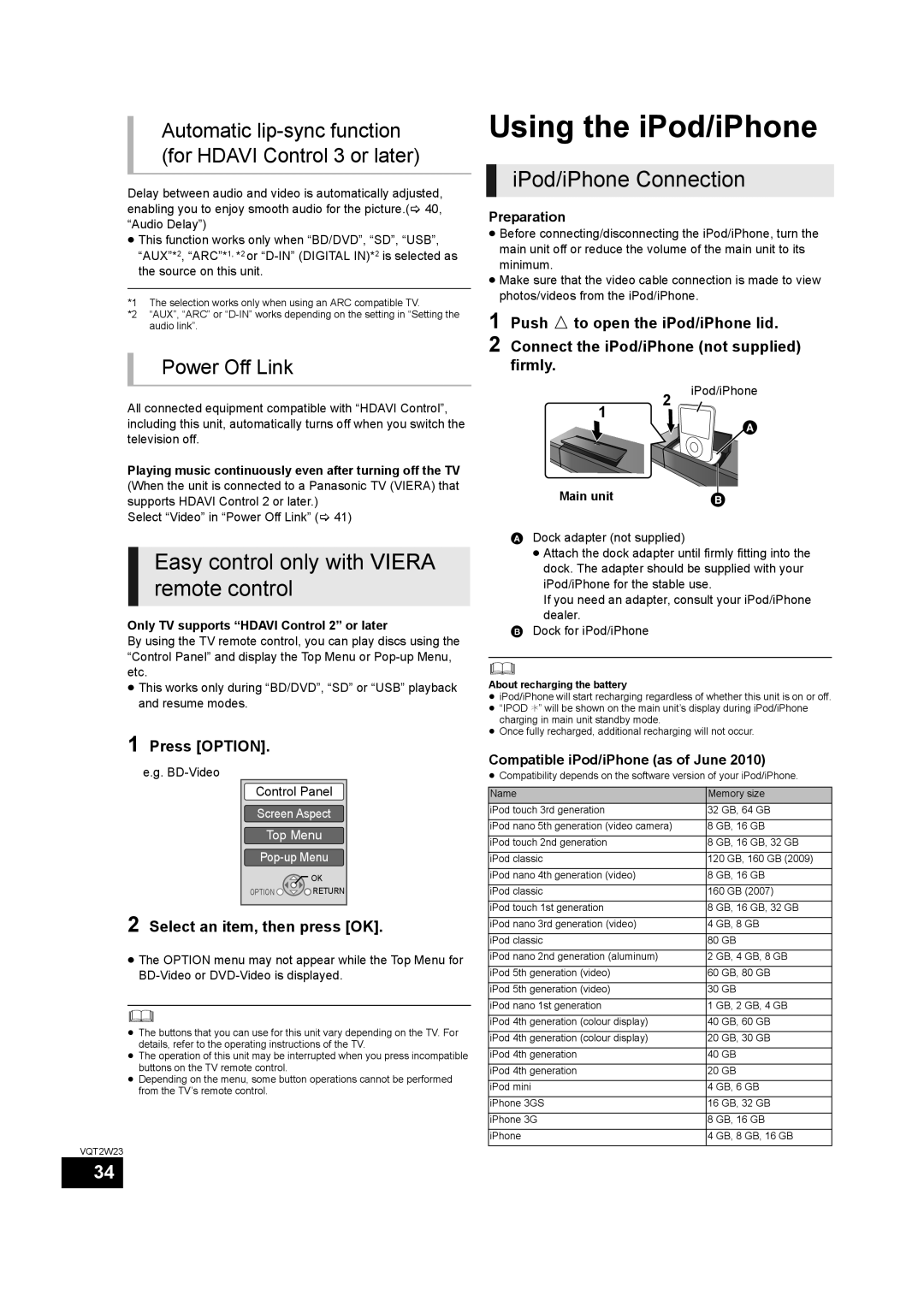 Panasonic SC-BTT755, SC-BTT350 Using the iPod/iPhone, Easy control only with Viera remote control, IPod/iPhone Connection 