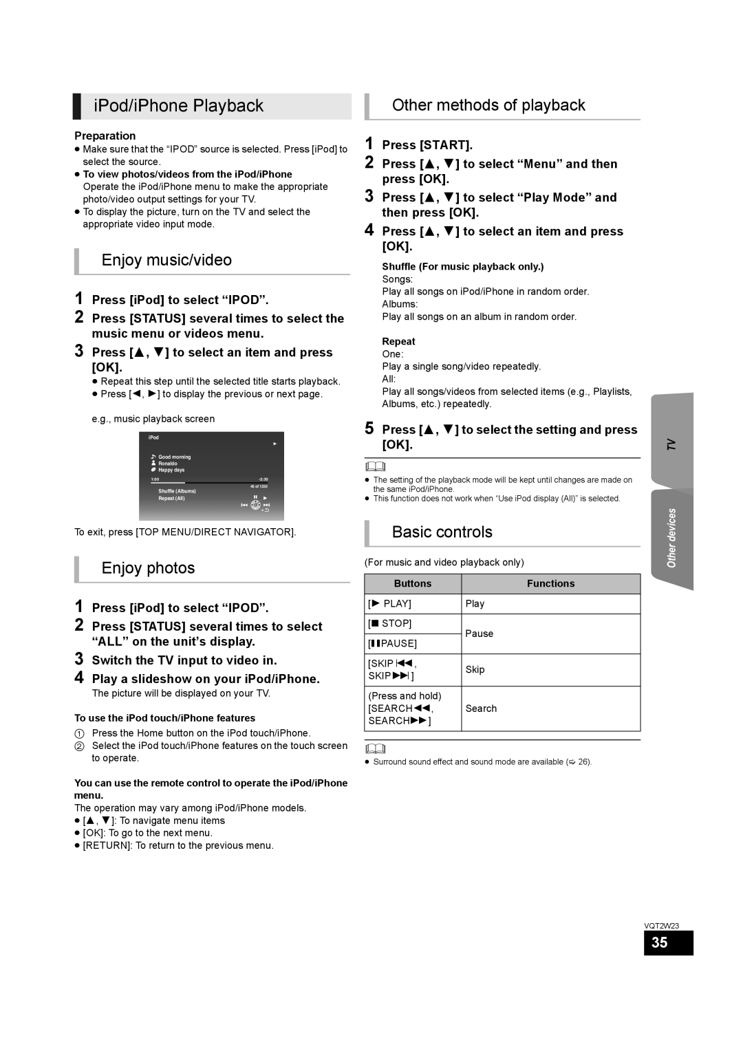 Panasonic SC-BTT350 IPod/iPhone Playback, Other methods of playback, Enjoy music/video, Enjoy photos, Basic controls 