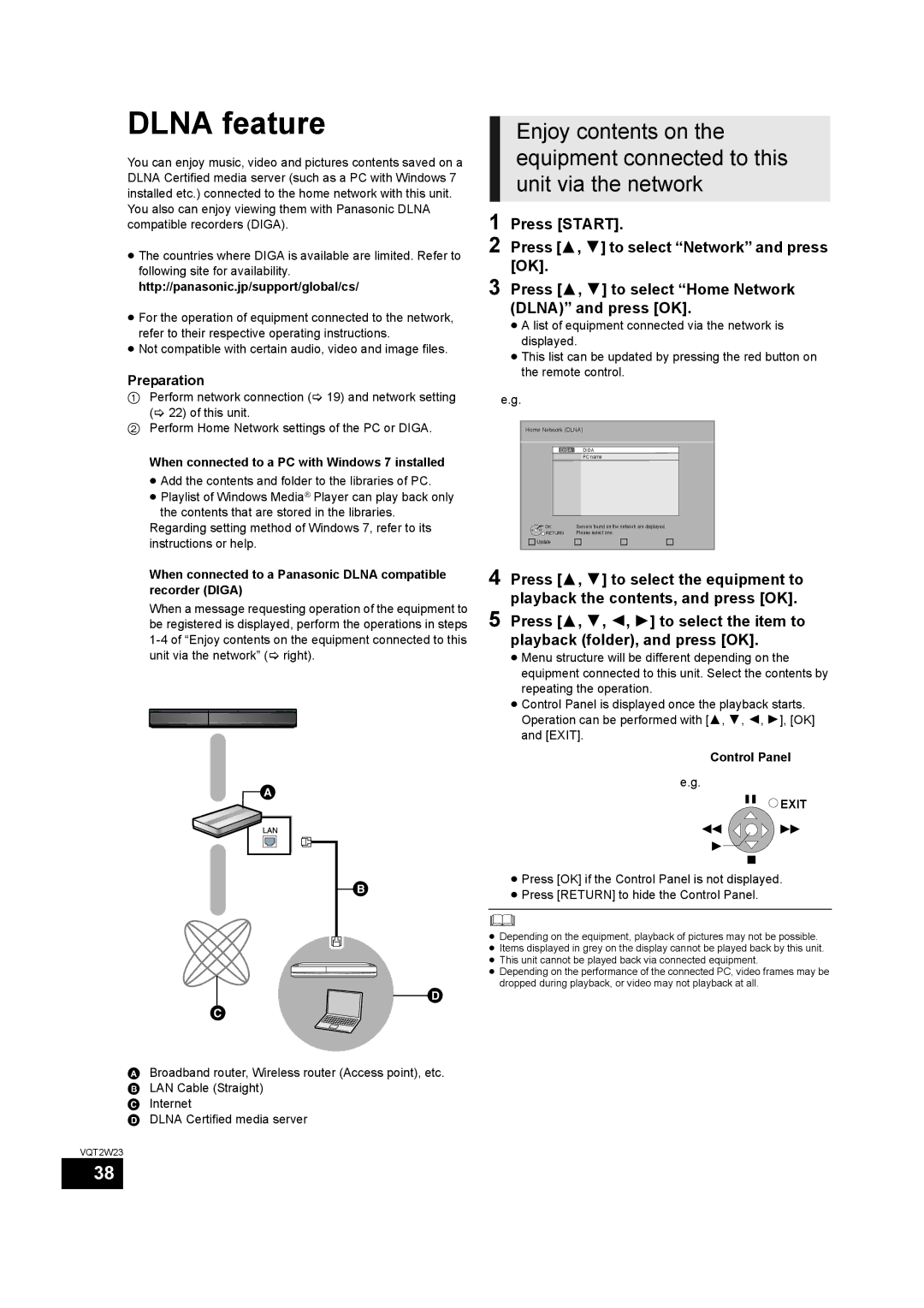 Panasonic SC-BTT755, SC-BTT350 Dlna feature, When connected to a PC with Windows 7 installed, Control Panel 