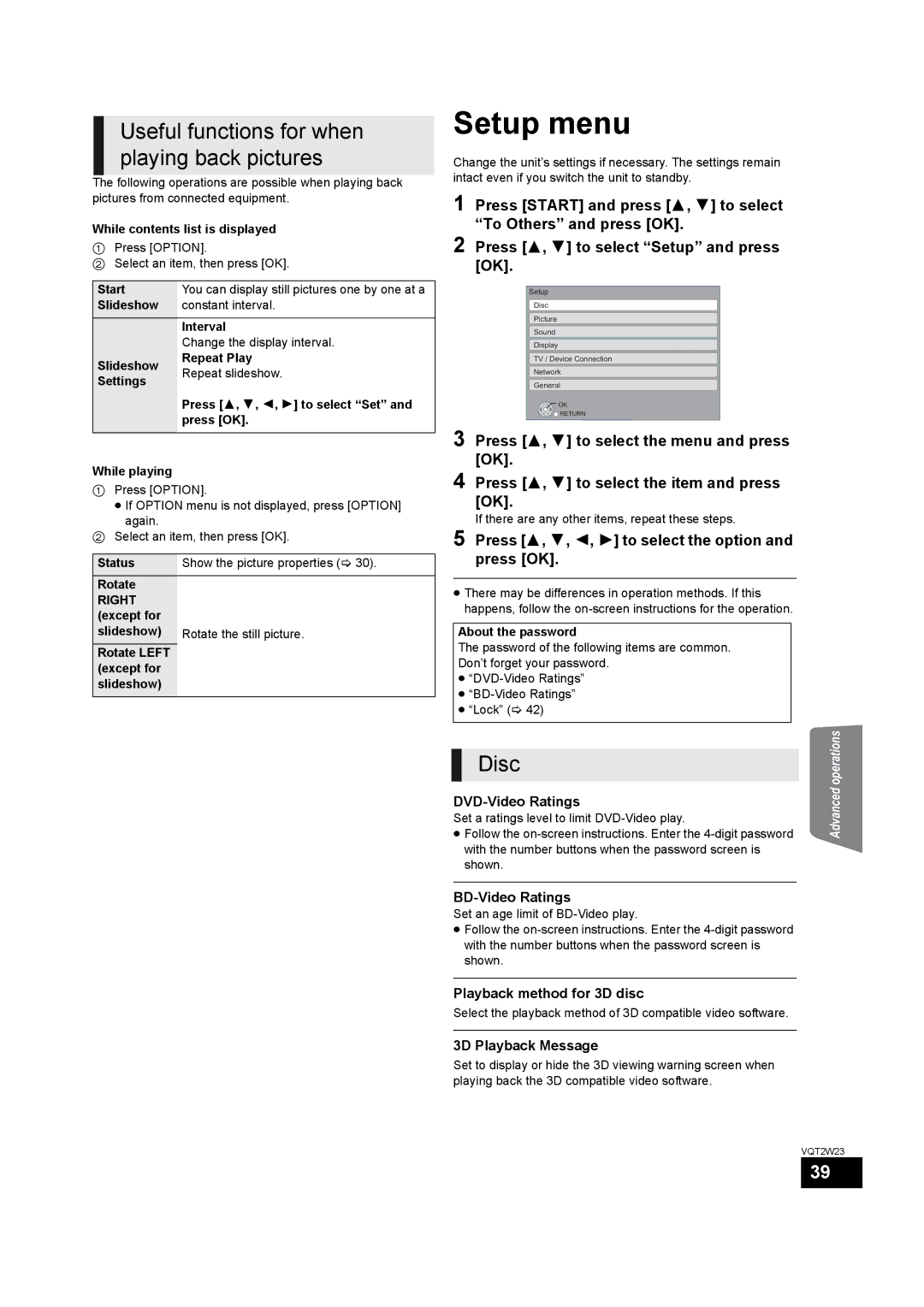 Panasonic SC-BTT350, SC-BTT755 operating instructions Setup menu, Useful functions for when playing back pictures 