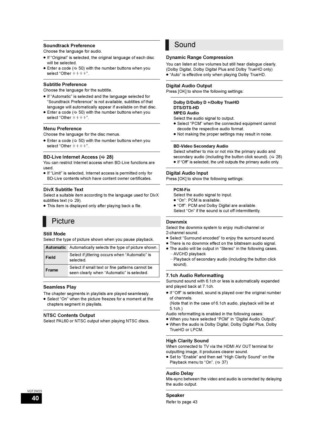 Panasonic SC-BTT755 Soundtrack Preference, Dynamic Range Compression, Subtitle Preference, Menu Preference, Still Mode 