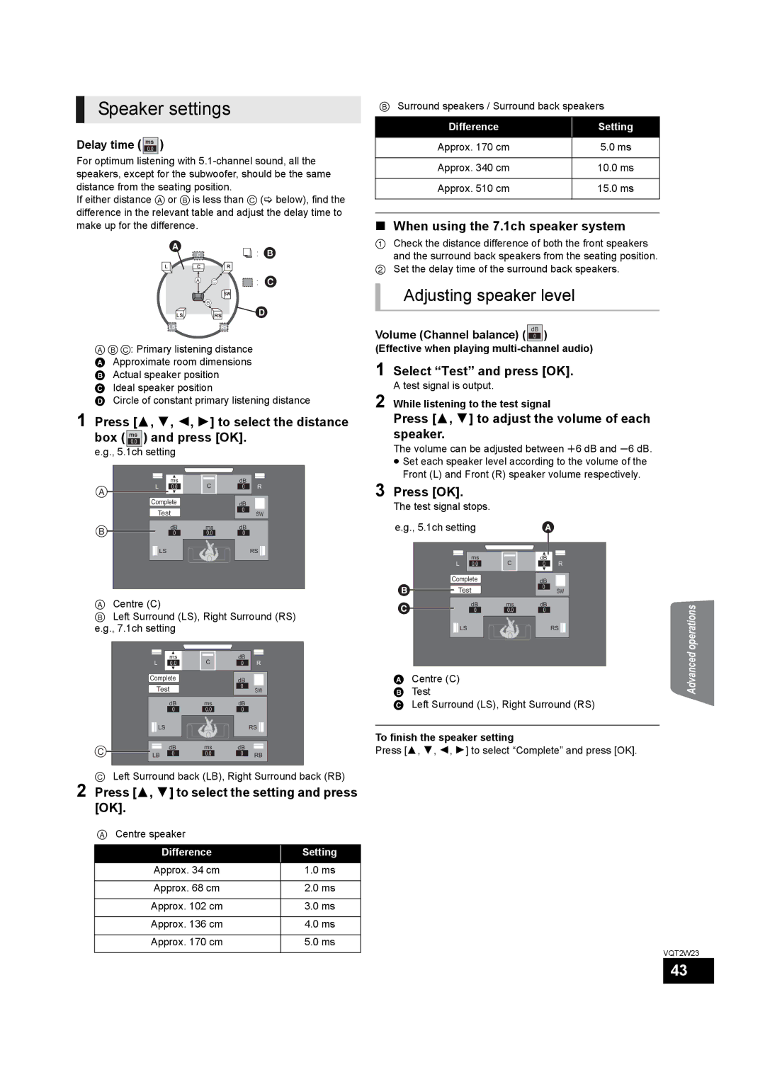 Panasonic SC-BTT350, SC-BTT755 Speaker settings, Adjusting speaker level, When using the 7.1ch speaker system 