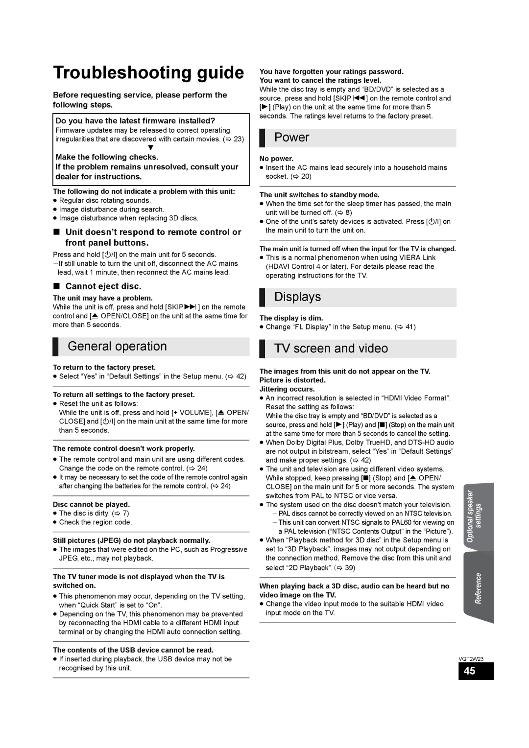 Panasonic SC-BTT350 Troubleshooting guide, Power, Displays, General operation TV screen and video, Cannot eject disc 