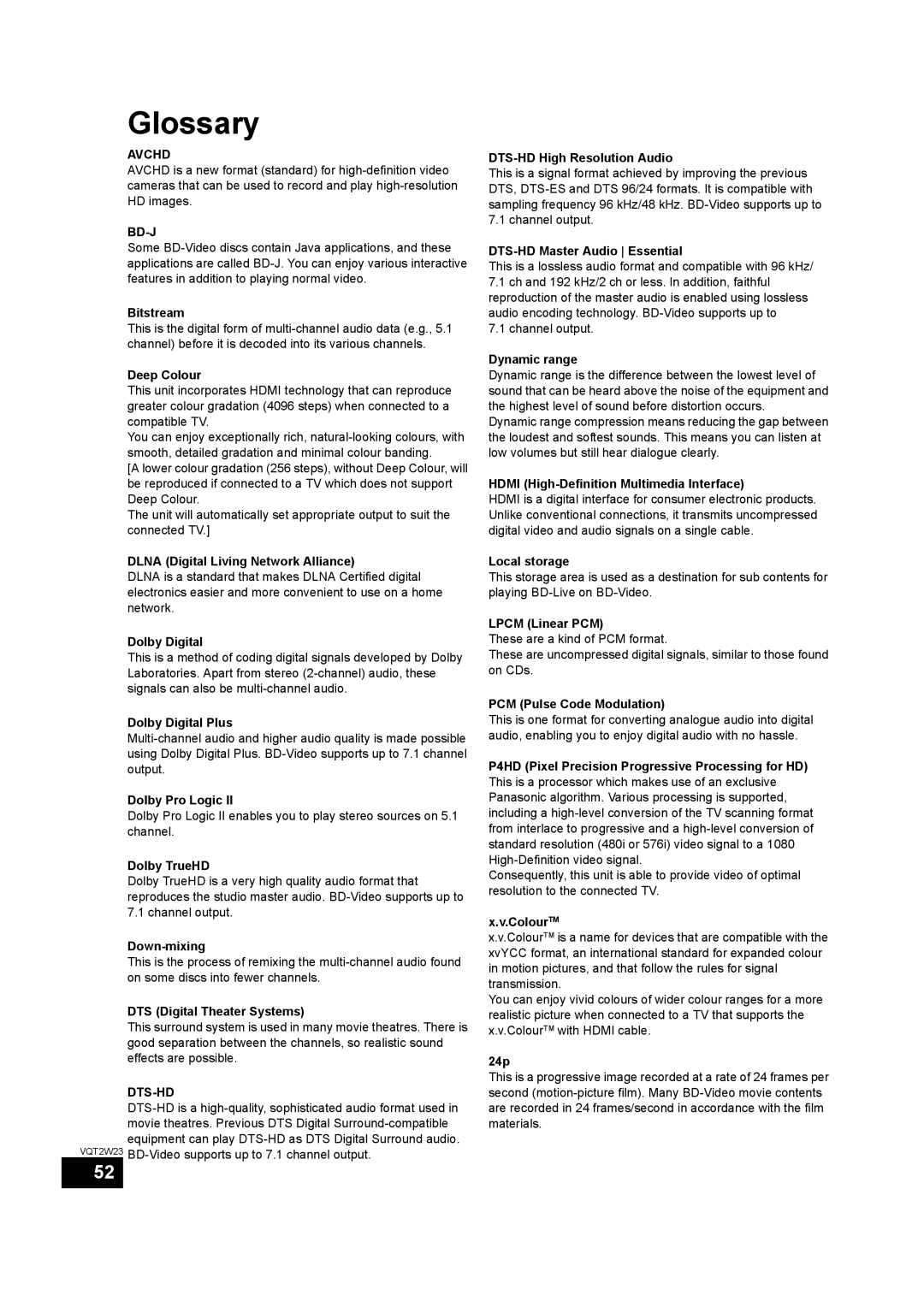 Panasonic SC-BTT755, SC-BTT350 operating instructions Glossary, Avchd, Bd-J, Dts-Hd 