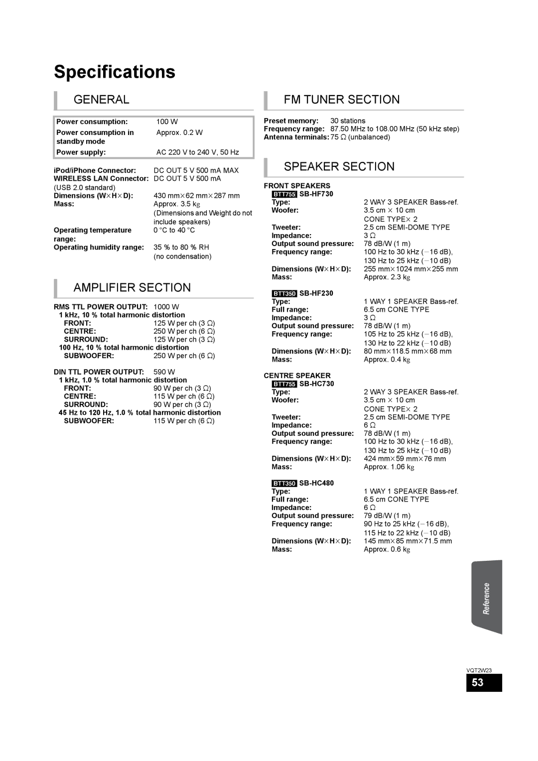 Panasonic SC-BTT350, SC-BTT755 operating instructions Specifications 