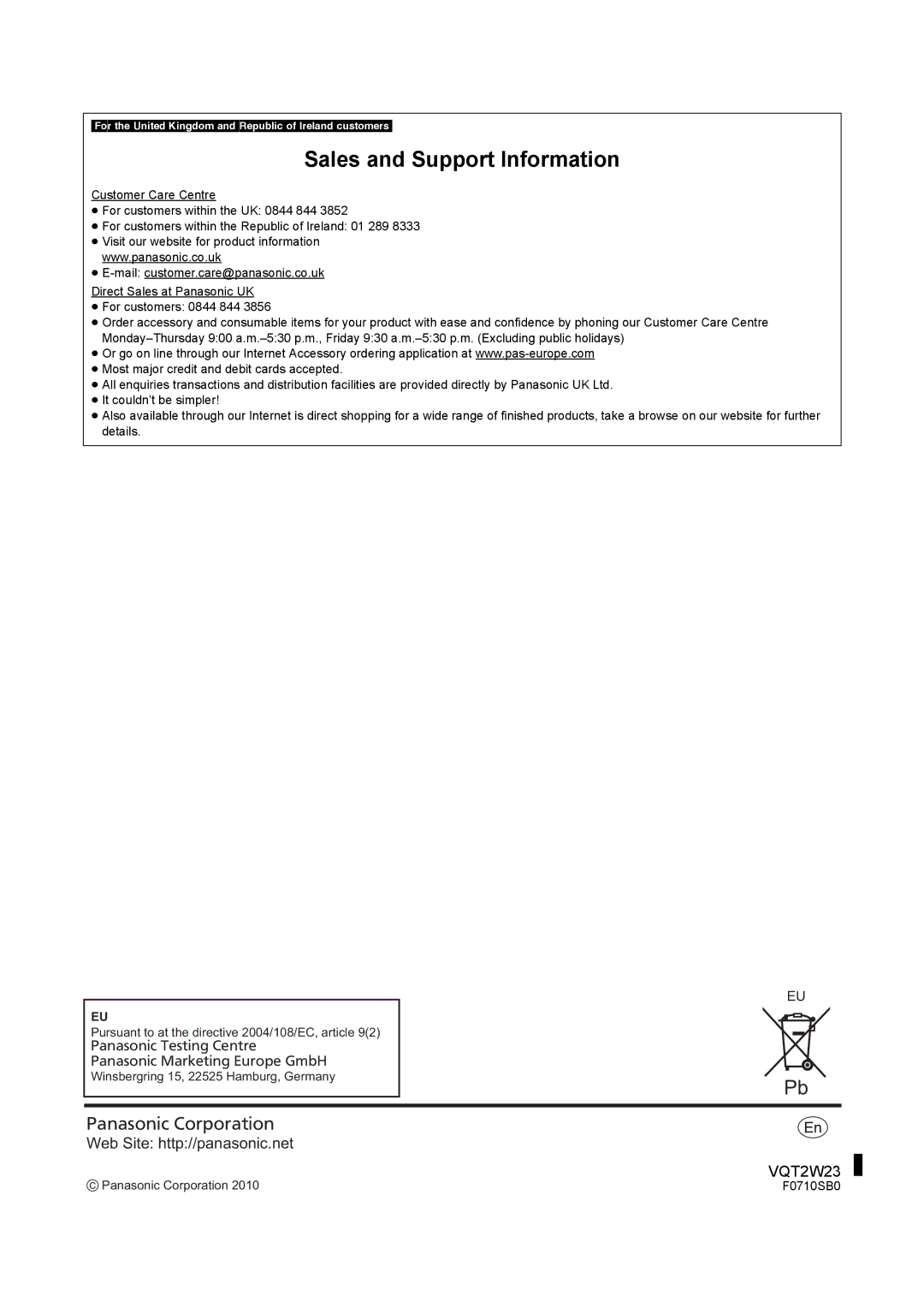 Panasonic SC-BTT755, SC-BTT350 For\the\United\Kingdom\and\Republic\of\Ireland\customers, Panasonic Corporation F0710SB0 