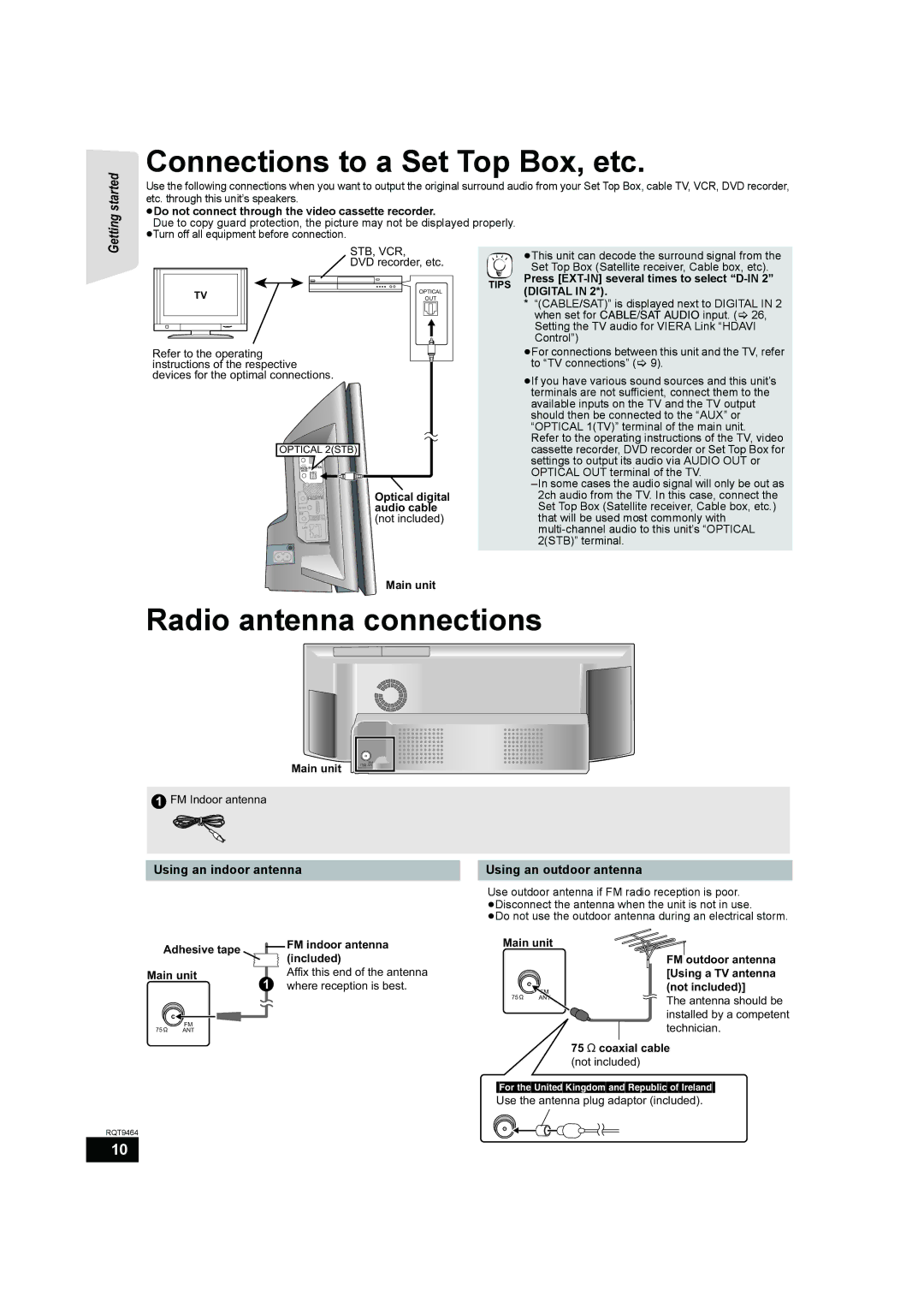 Panasonic SC-BTX70 manual Connections to a Set Top Box, etc, Radio antenna connections, Digital 