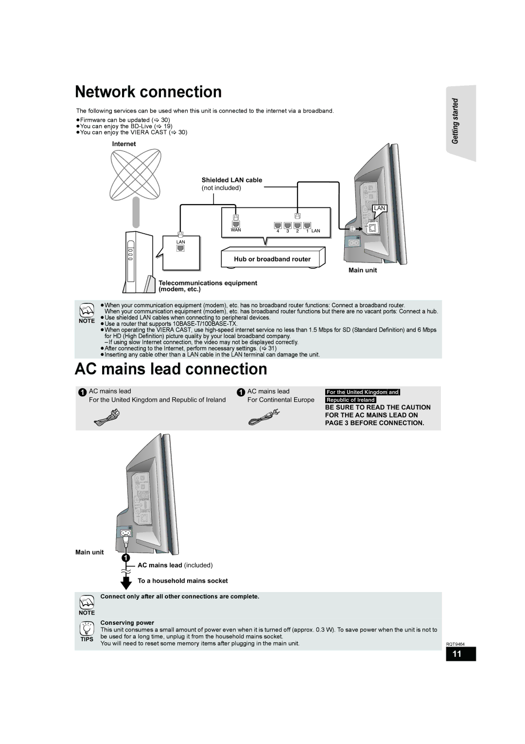 Panasonic SC-BTX70 Network connection, AC mains lead connection, Be Sure to Read the Caution, For the AC Mains Lead on 