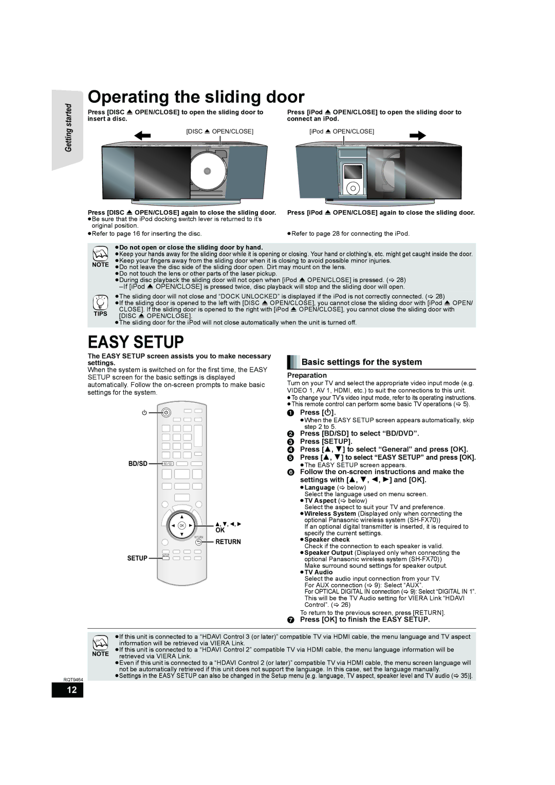 Panasonic SC-BTX70 manual Operating the sliding door, Basic settings for the system, Bd/Sd, Return 