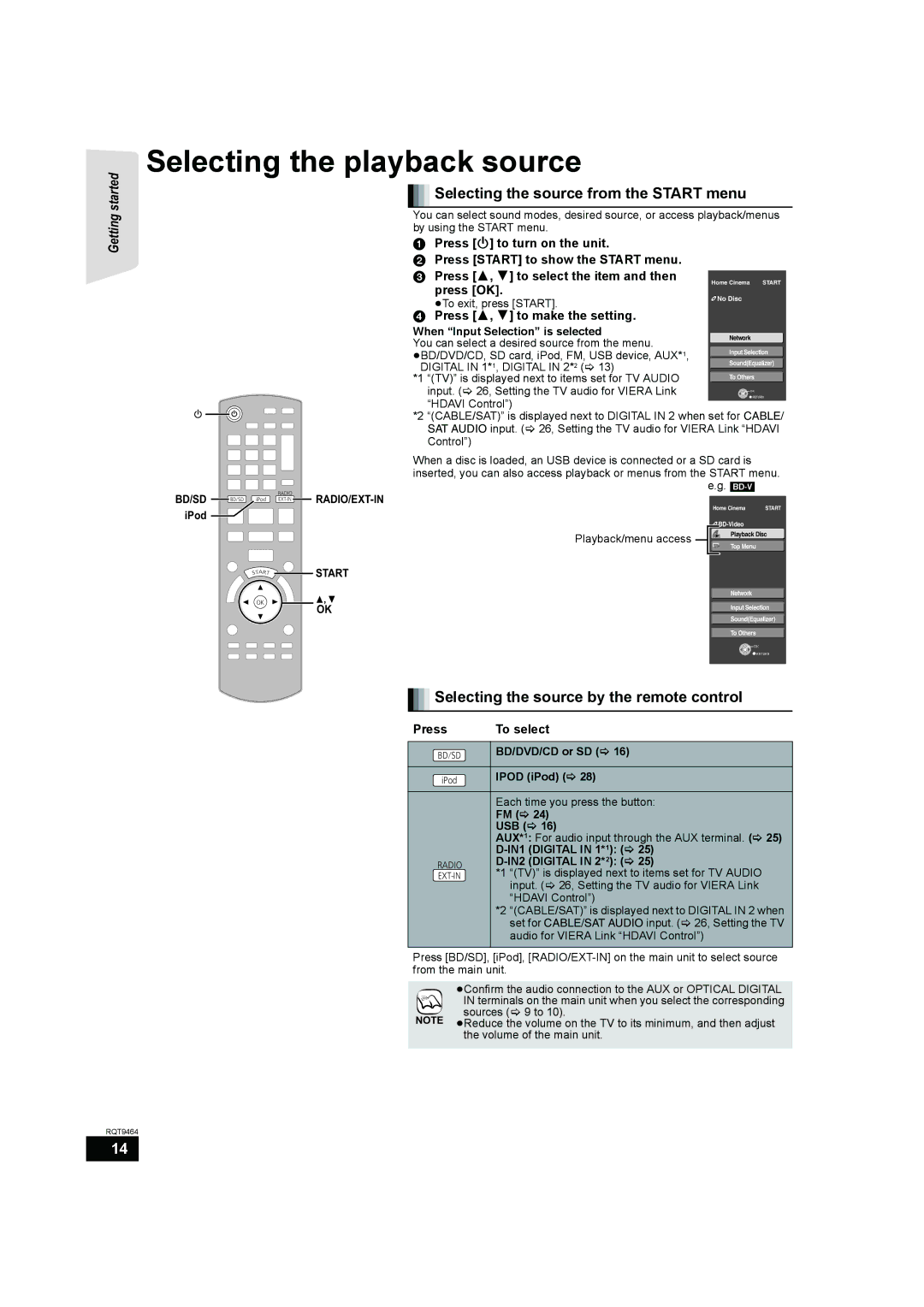 Panasonic SC-BTX70 Selecting the playback source, Selecting the source from the Start menu, Press 3, 4 to make the setting 