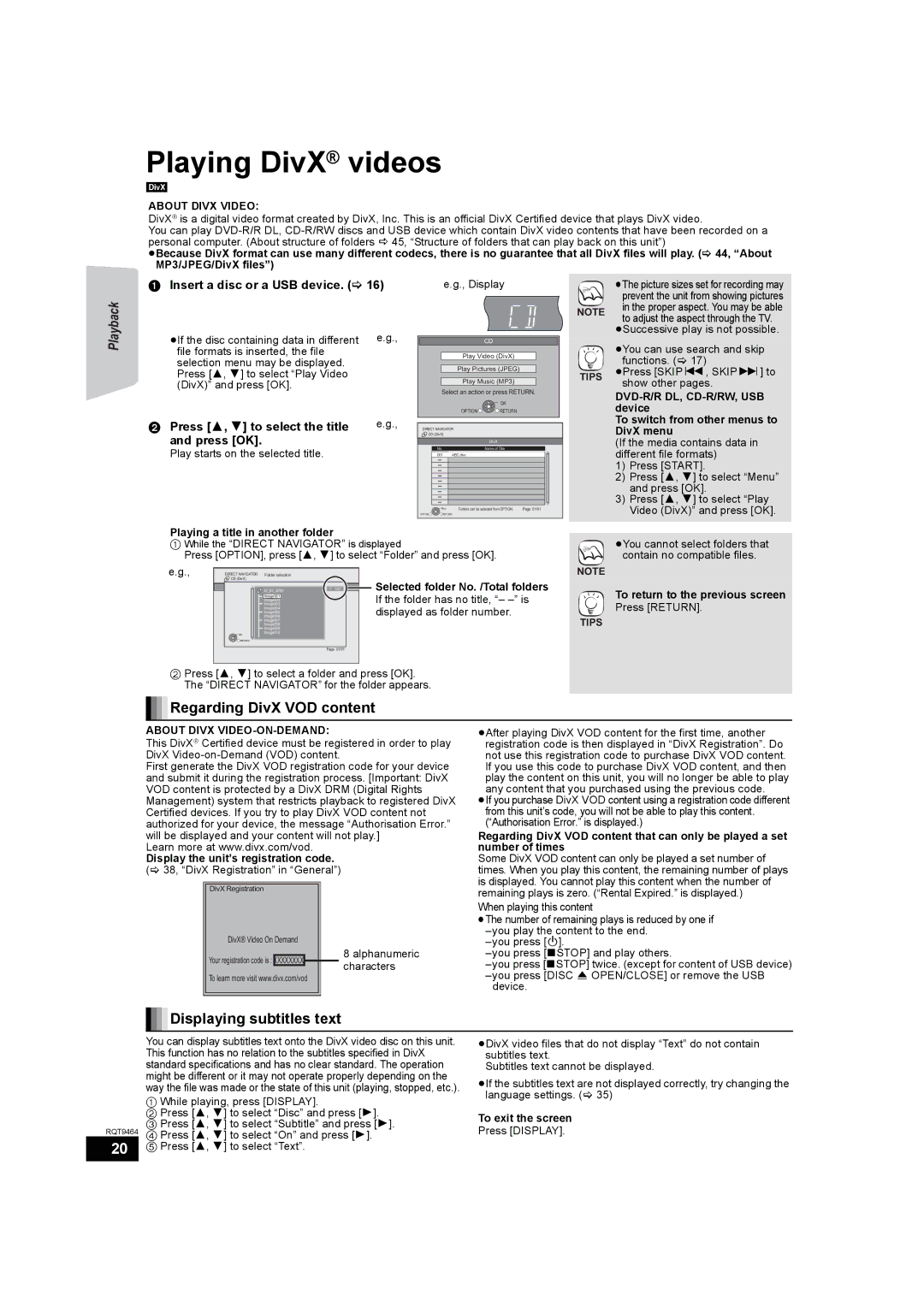 Panasonic SC-BTX70 manual Regarding DivX VOD content, Displaying subtitles text, Insert a disc or a USB device 