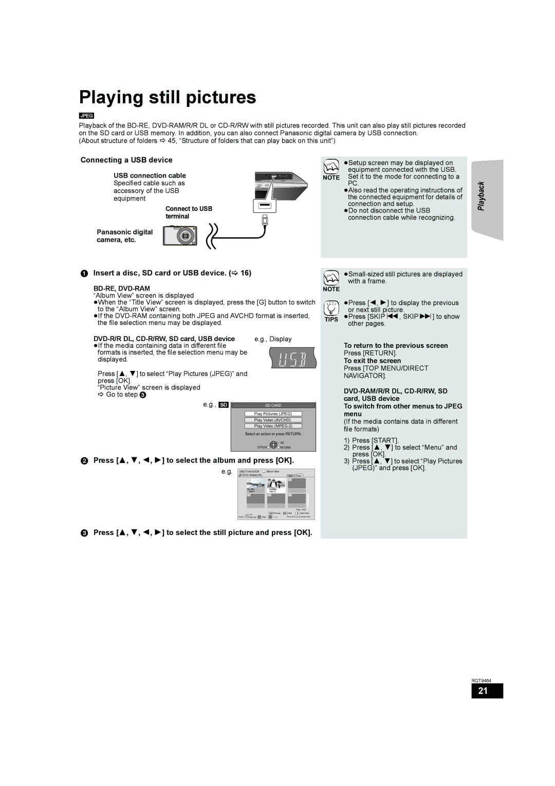 Panasonic SC-BTX70 manual Playing still pictures, Connecting a USB device, Insert a disc, SD card or USB device 