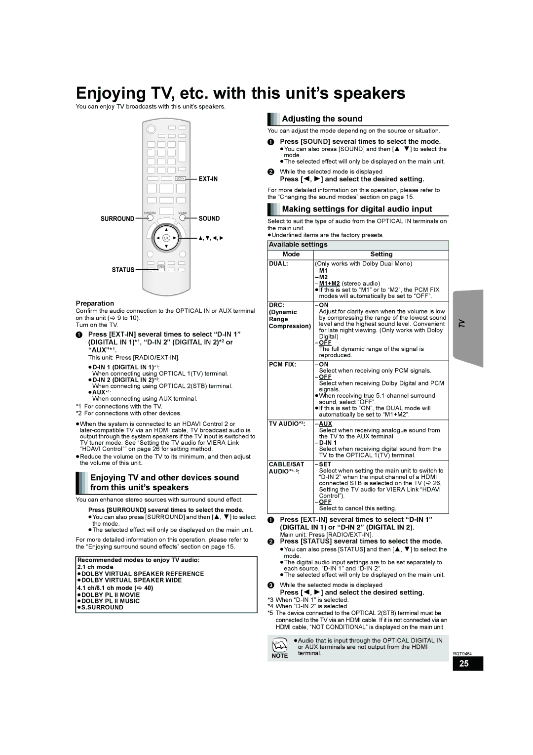 Panasonic SC-BTX70 manual Enjoying TV, etc. with this unit’s speakers, Adjusting the sound, Status 