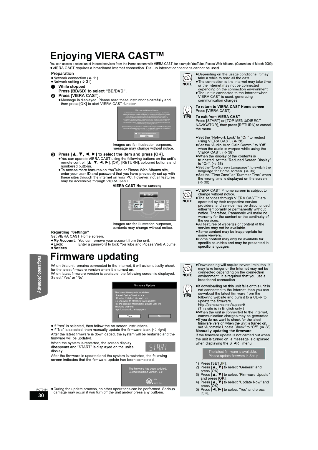 Panasonic SC-BTX70 Enjoying Viera Casttm, Firmware updating, While stopped Press BD/SD to select BD/DVD Press Viera Cast 