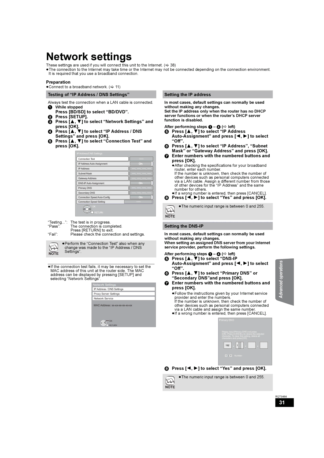 Panasonic SC-BTX70 Network settings, Testing of IP Address / DNS Settings, Setting the IP address, Setting the DNS-IP 