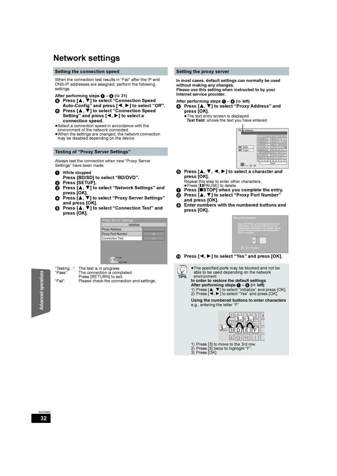 Panasonic SC-BTX70 manual Setting the connection speed, Testing of Proxy Server Settings, Setting the proxy server 