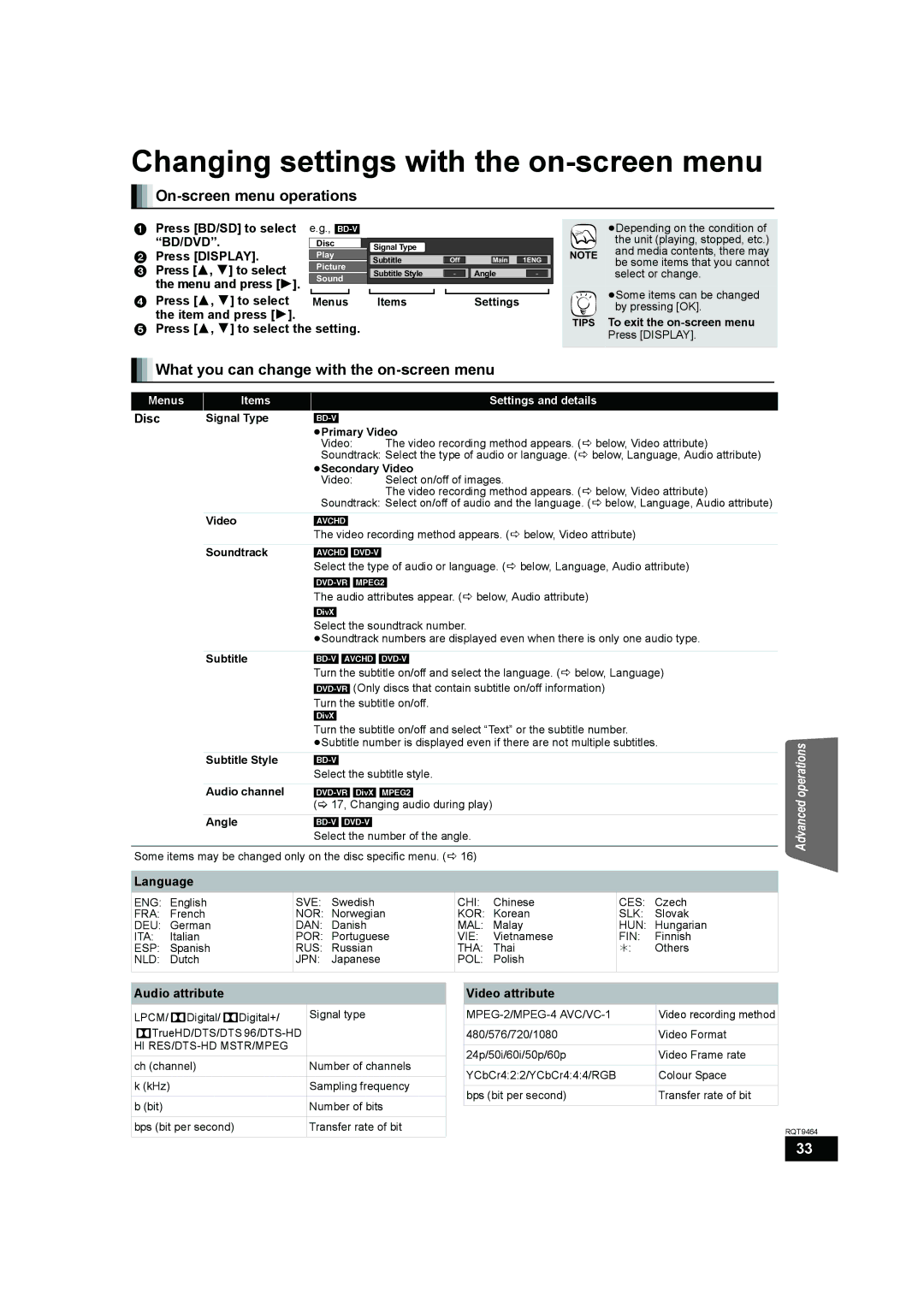 Panasonic SC-BTX70 manual Changing settings with the on-screen menu, On-screen menu operations 