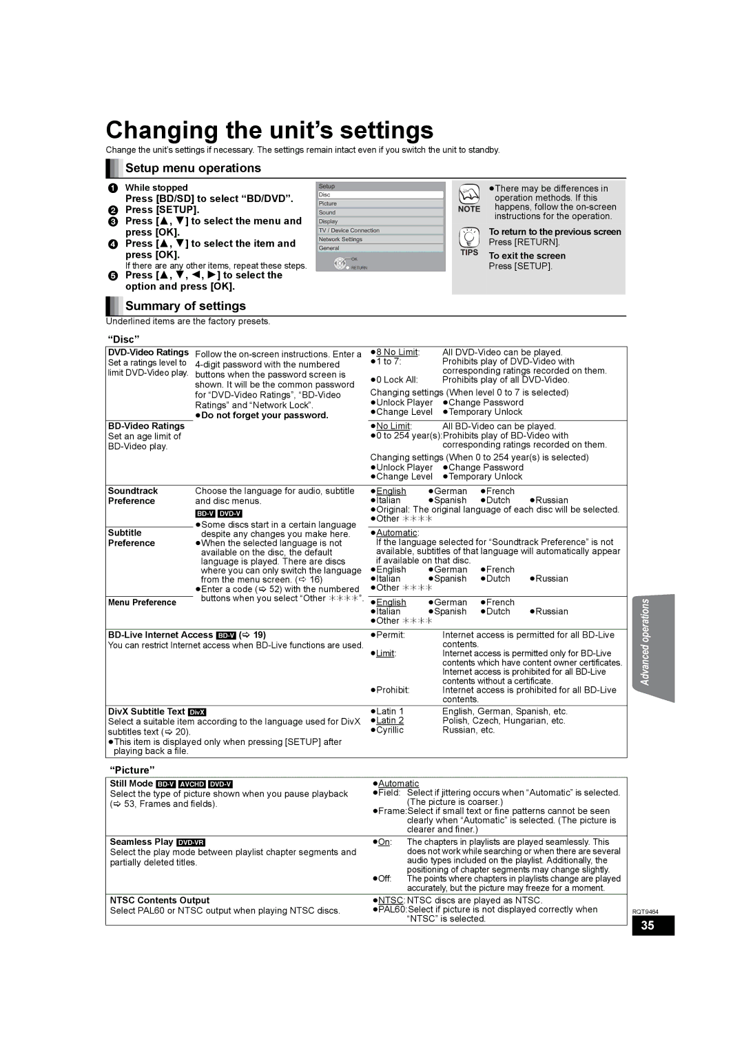 Panasonic SC-BTX70 manual Changing the unit’s settings, Setup menu operations, Summary of settings 