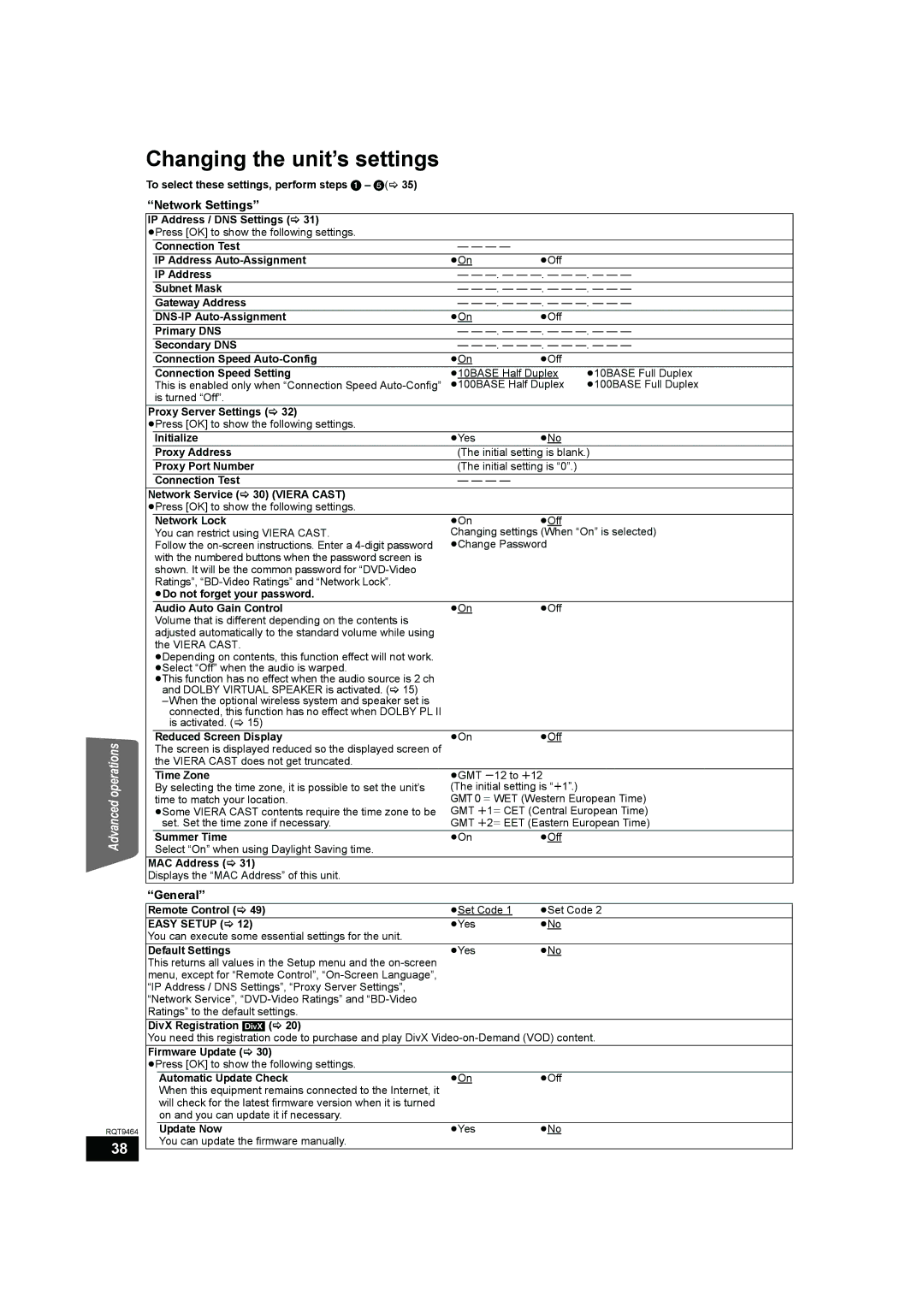 Panasonic SC-BTX70 manual Network Settings, General, Easy Setup 