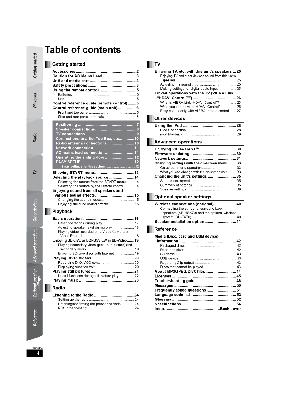 Panasonic SC-BTX70 manual Table of contents 