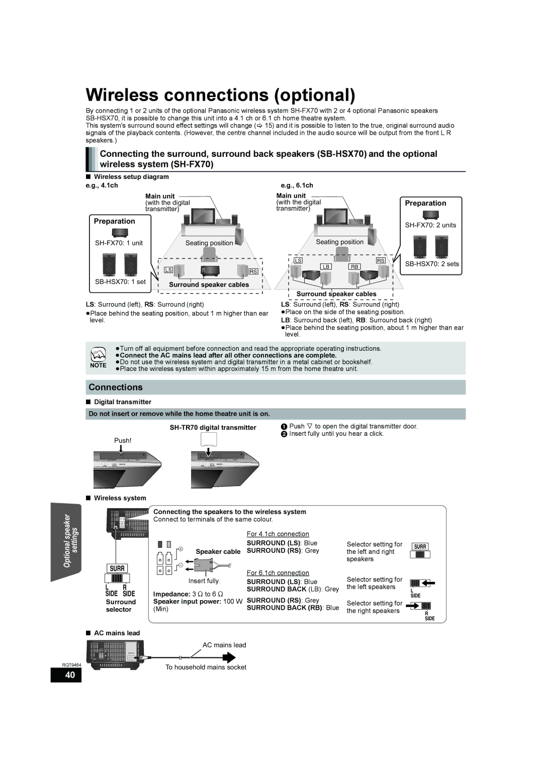 Panasonic SC-BTX70 manual Wireless connections optional, Connections 